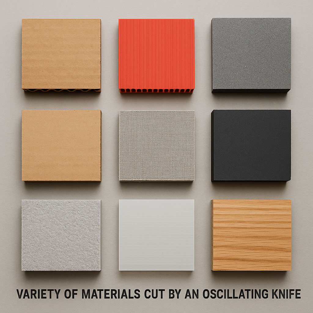 Oscillating knife cutting machine cuts a variety of materials including cardboard, corrugated plastic, foam, and fabric, showcasing versatility for packaging, signage, and textile industries.