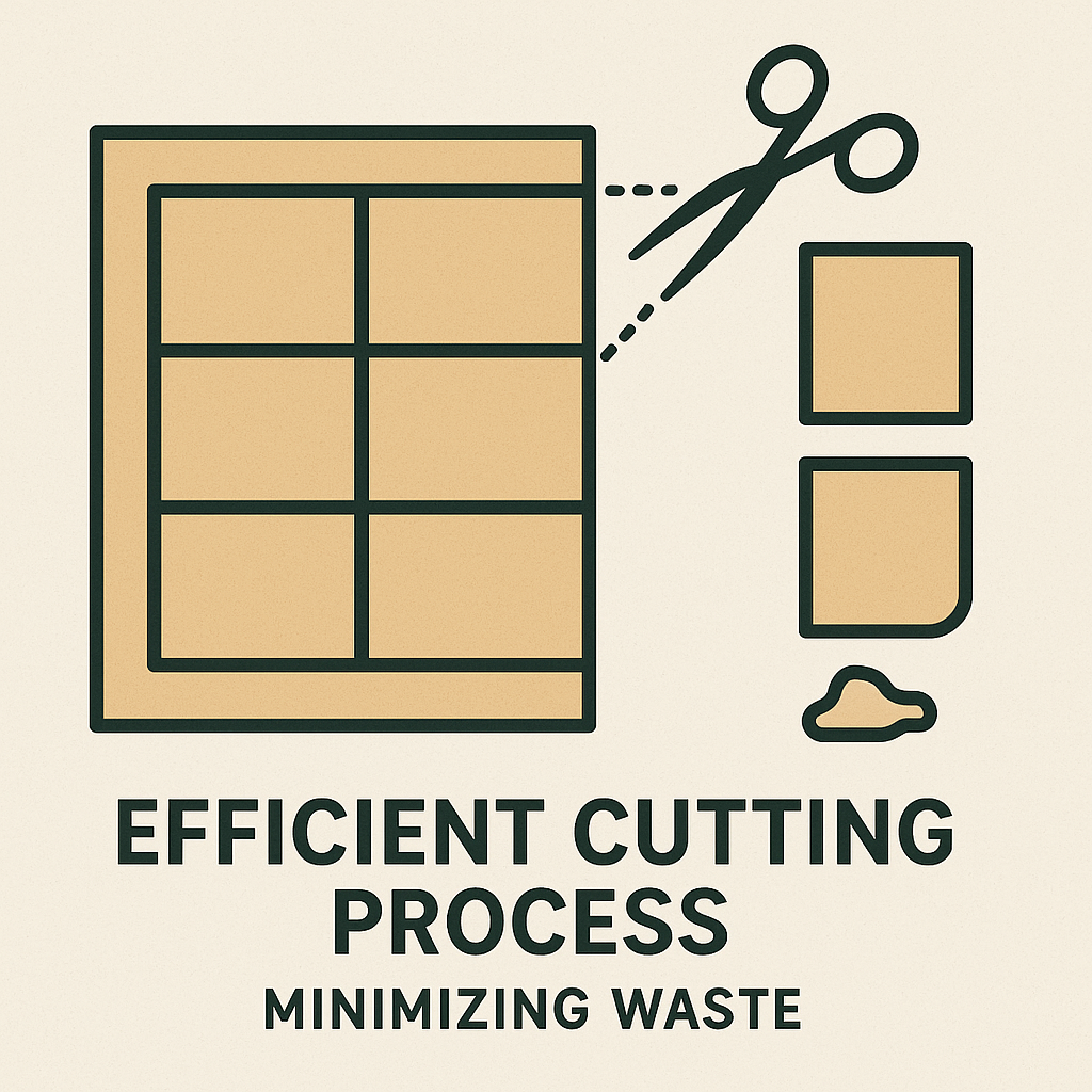 Illustration of an efficient cutting process minimizing waste, showcasing precision material cutting for packaging and manufacturing industries.